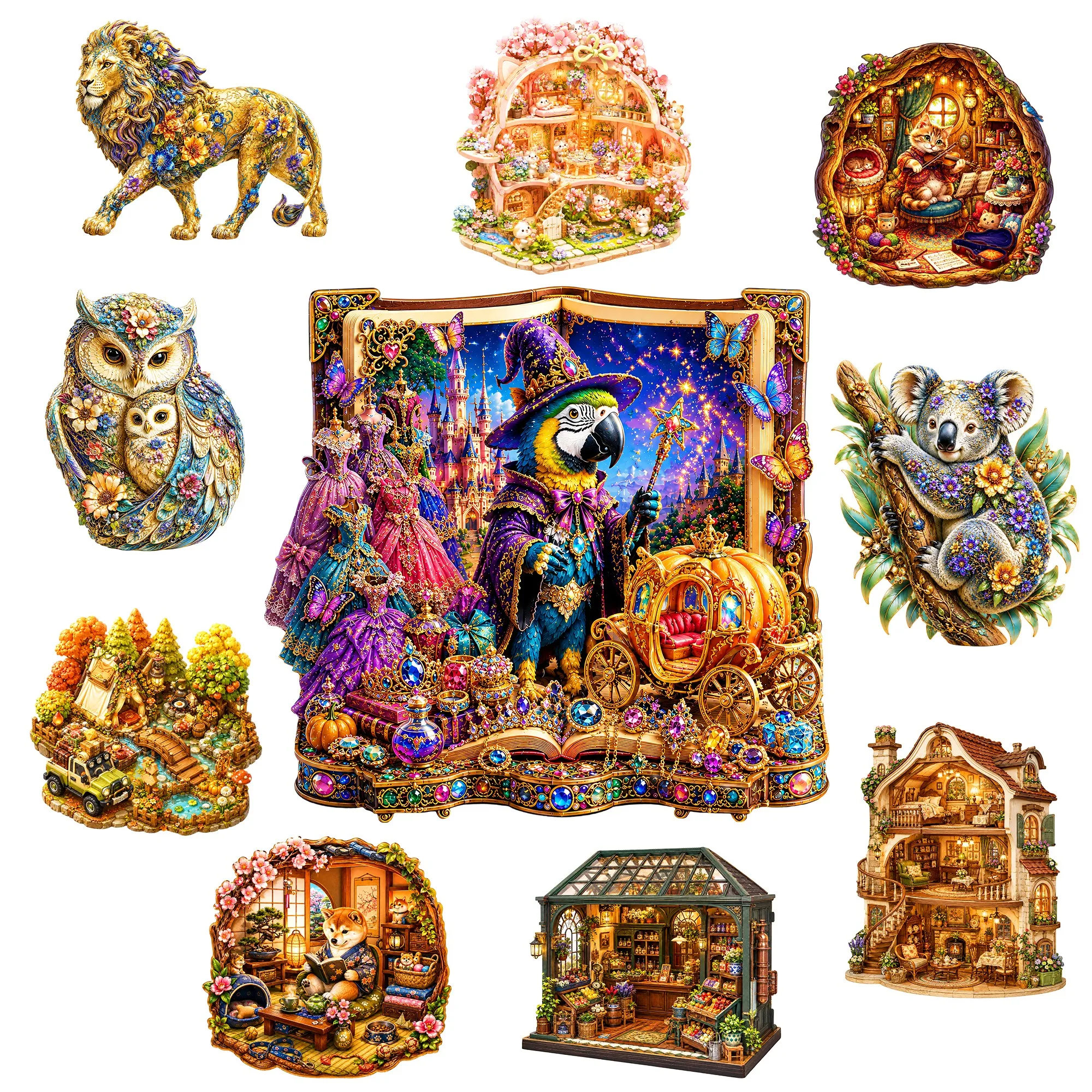 Fantasy Palace and Magical Creatures Wooden Animal Jigsaw Puzzle Educational Toy Brain Teaser Unique Gift Idea for Any Occasion