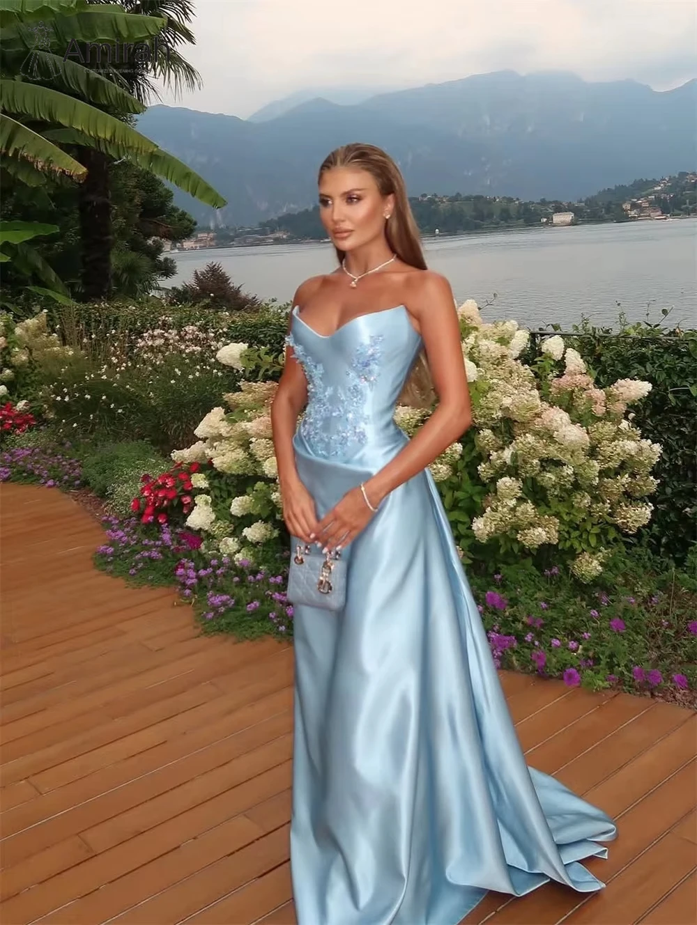 Amirah decalque cetim vestidos elegantes longo cauda de peixe vestido de baile feito sob encomenda vestidos de noite mulher elegante vestido de noite 2025