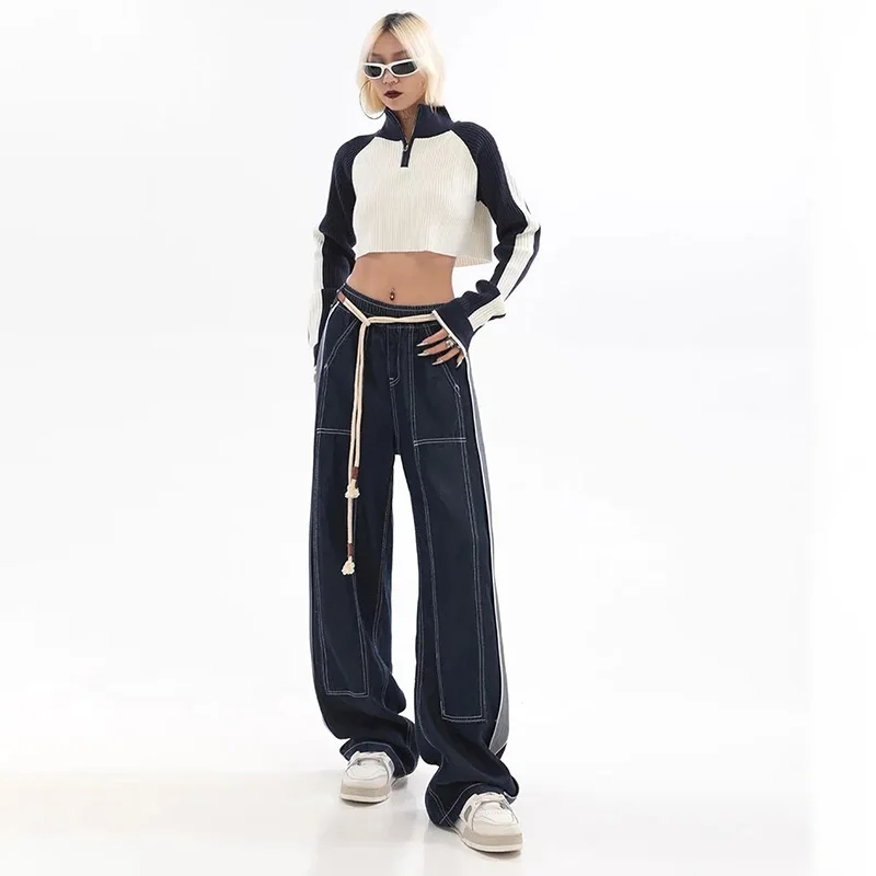 High Waist Drawstring Baggy Jeans Women American Style Sping Summer Women\'s Streetwear Denim Pants Wide-leg Y2k Vintage Trousers