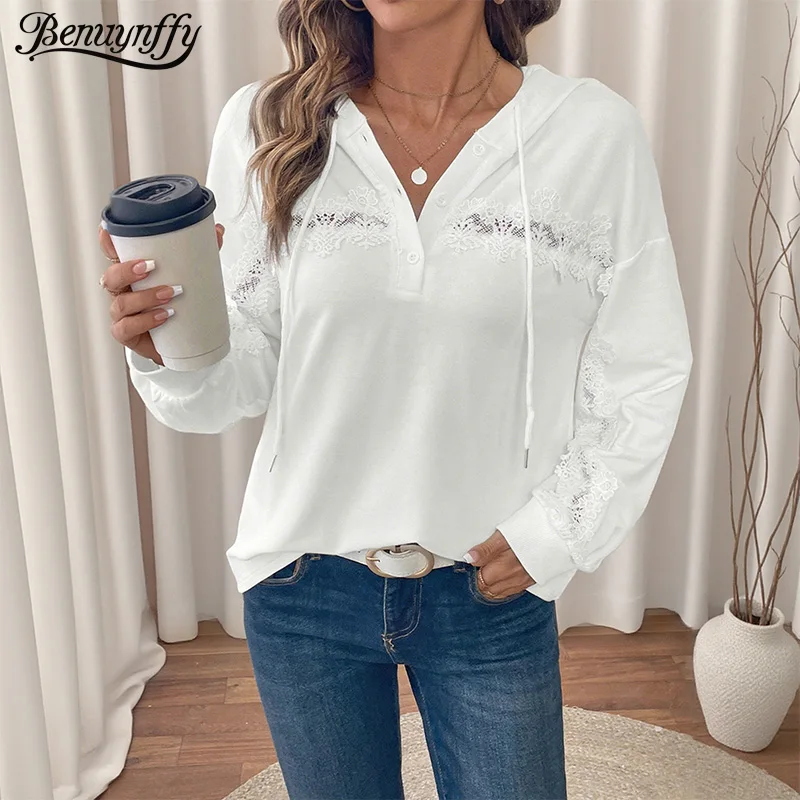 Benuynffy الأبيض الدانتيل تقسم الرباط هوديس امرأة جديدة 2025 الخريف زر كم طويل فضفاض عادية المرأة البلوز