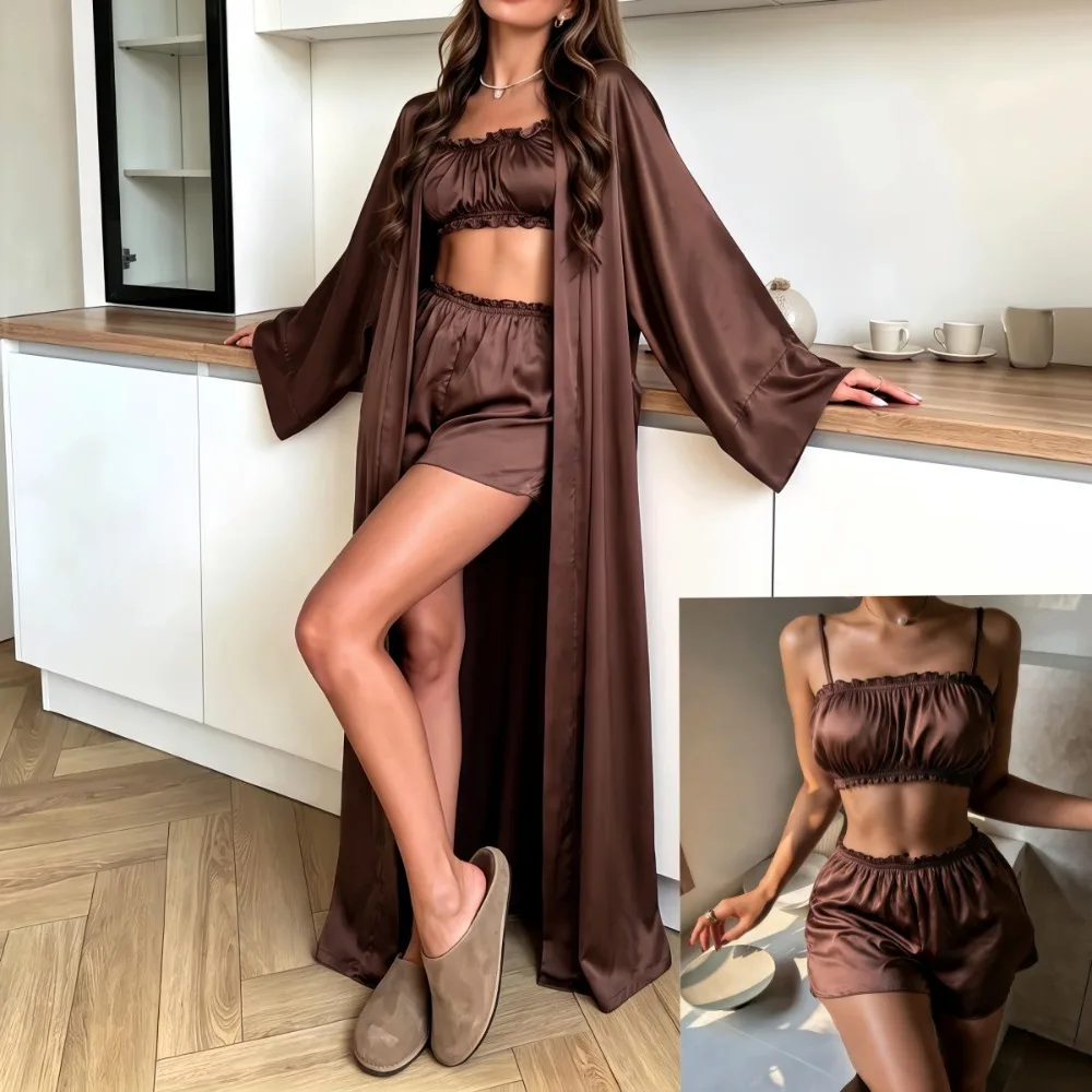 Coffee Acetate Satin 3-Piece Sleepwear Set Stretchy Silky Long Robe Bathrobe Morning Robe Inner Wear Skin-Friendly Loungewear