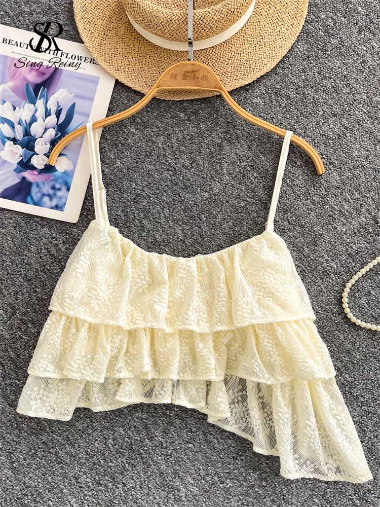 

SINGREINY France Gentle Ruffles Straps Tops Summer Backless Lace Hollow Out Solid Short Blouse Women Sweet Chic Irregular Shirt