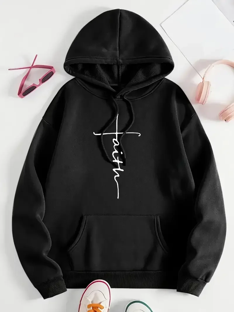 เสื้อฮู้ดขนาดพลัสลำลองพิมพ์ลายแขนยาวเสื้อสเวตเตอร์มีฮู้ดเชือกรูดโฟร์ซีซั่นส์ชุดลำลองพร้อมกระเป๋าจิงโจ้