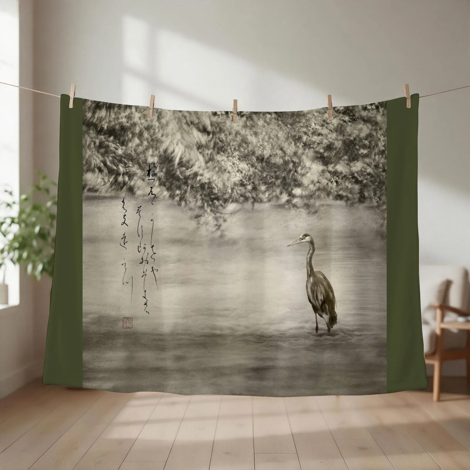 Pond and Heron Poetry Haiga - Haiku yuu kaze ya Throw Blanket