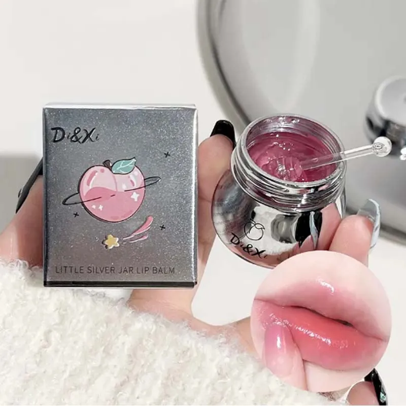 Bálsamo labial DI&Xi con sabor a melocotón en tarro plateado, mascarilla labial hidratante, gelatina para dar volumen a los labios, cuidado y reparación de labios, base de maquillaje