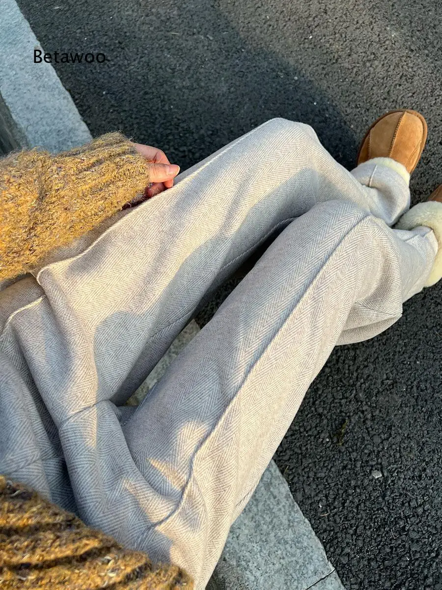 Women Herringbone Wide Leg Pants Lined Thick Trousers Rolled Cuff Design Loose Straight Bottoms For Autumn And Winter Daily Wear