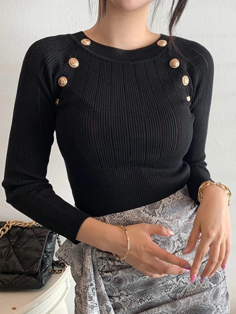 Hollow Out Sweater for Women 2023 Autumn Winter Elegant Womens Clothing O Neck Button Long Sleeve Pullovers Knitted Tops Femme