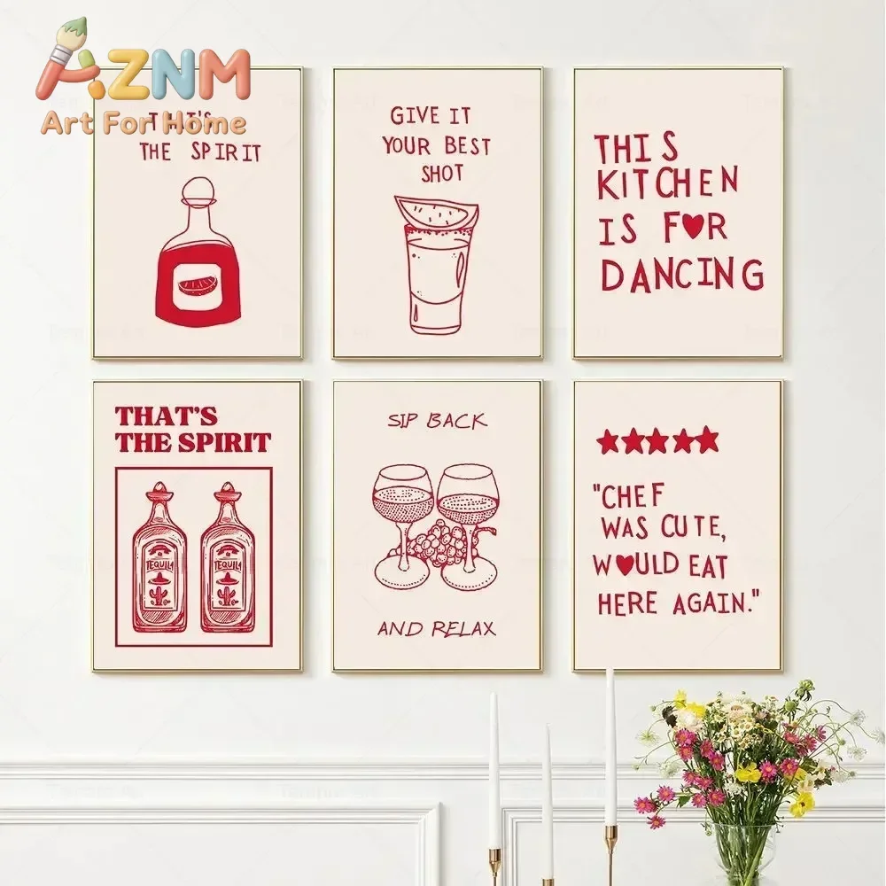 AZNM Red Retro Kitchen Bar Canvas Wall Art Funny Quote Tequila Wine Glass Frameless Print for Dining Room Home Wall Decor