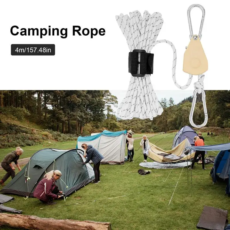 Tent Guy Ropes With Pulley Camping Pulley Rope Cord Reflective Reusable Tie Downs With Adjuster Pulley 4mm Tent Cords For Kayak