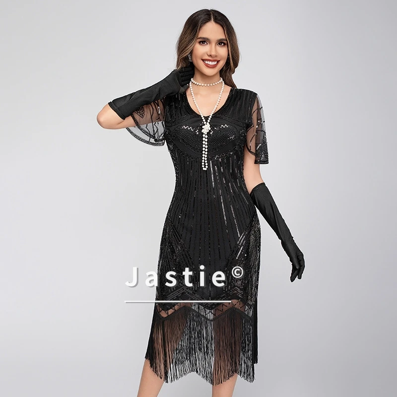 Anni '20 Gatsby Nero Oro Flapper Abito a maniche corte Sheer Mesh Paillettes Art Deco Abito Frangia Orlo Retro Vintage Party Donna Abiti