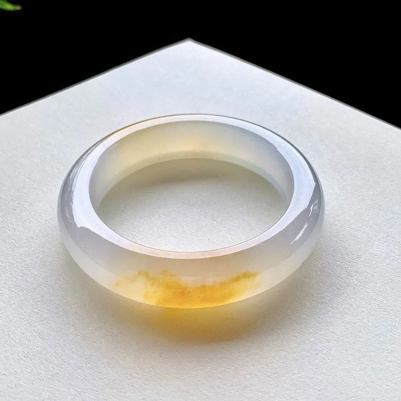 Ice Jadeite Bracelet, Natural Authentic Burmese with Yellow Flower Pattern, Wide Version Jade Bangle