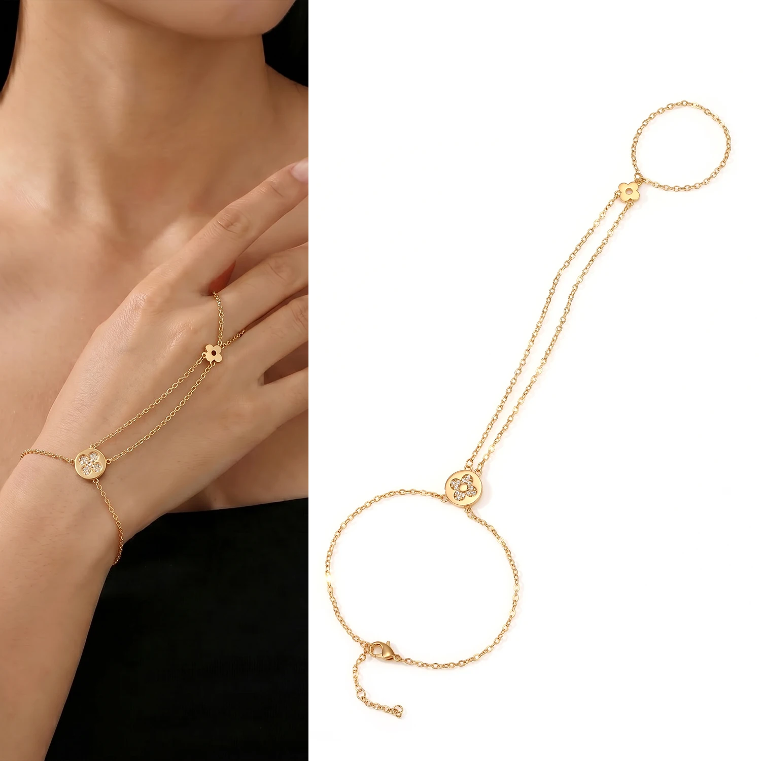 Women Dainty Double Chain Round Disc Hand Harness Bracelet Connected Finger Ring Wrist Chain Minimalist Hand Jewelry For Wedding