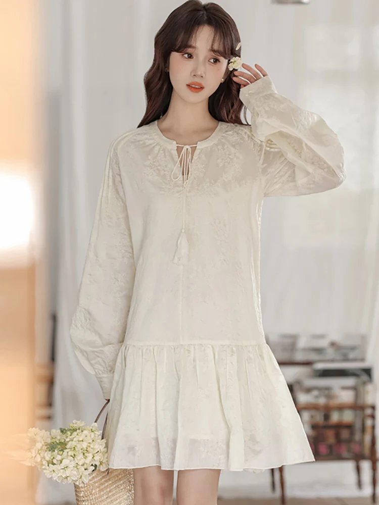 

Spring Autumn White Embroidery Elegant Ruffled Short Dress Women Fashion Loose Waist Casual Dress 2024 Korean Elegant Prom Dress