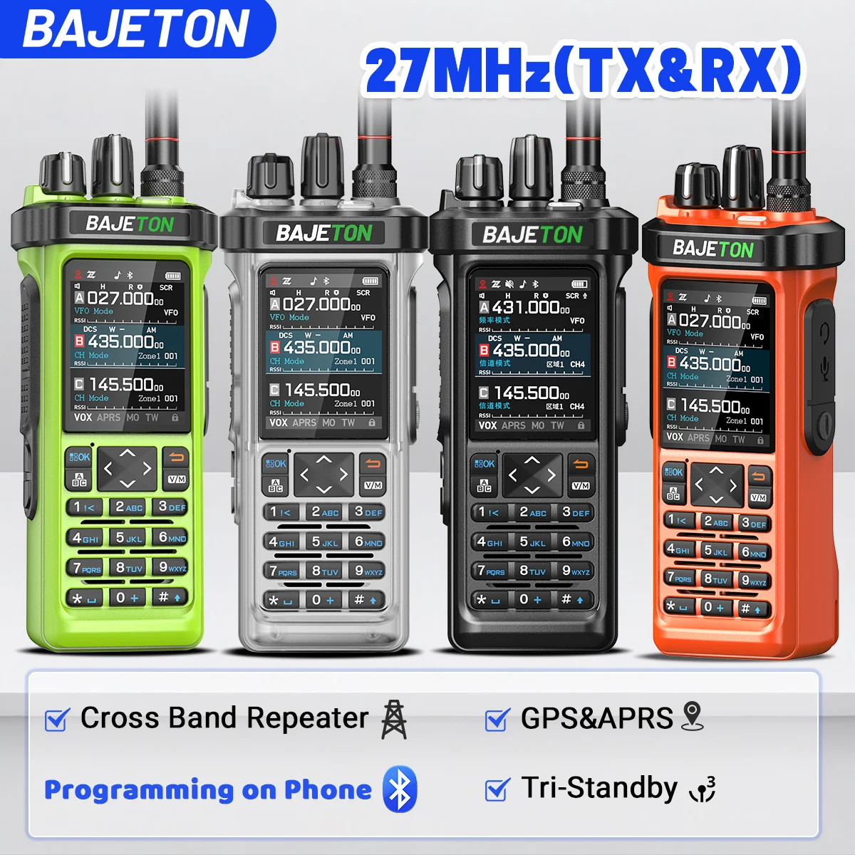 BAJETON BJ-9000 Walkie Talkies AM/FM/CB/LSB/USB/CW Receiver with GPS APRS 10W Bluetooth Phone Programming Ham Radio RT-950PRO