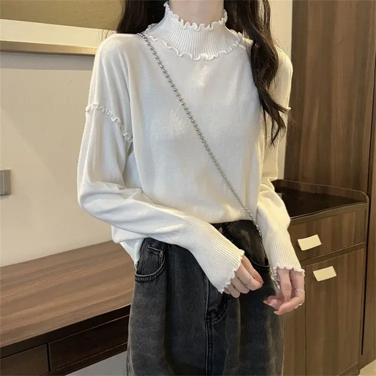 2023 Autumn/Winter Coat Overlay Top Foreign Style Slim Fit White Ear Edge Half High Collar Knitted Bottom Top
