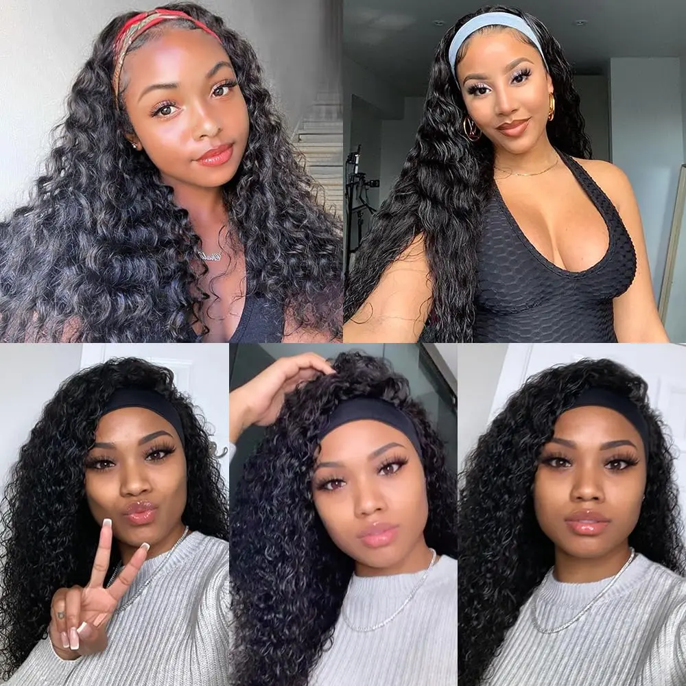 شعر مستعار برازيلي بشري عصابة رأس للنساء السمراوات ، موجة عميقة ، بدون لاصق ، بدون دانتيل أمامي ، 24"