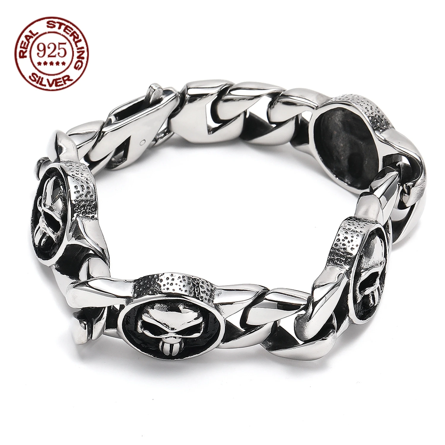 

Simplicity Vintage 23cm Skeleton Personality Pharaoh Skull For Men S925 Sterling Silver Bracelet Jewelry Creativity Gift
