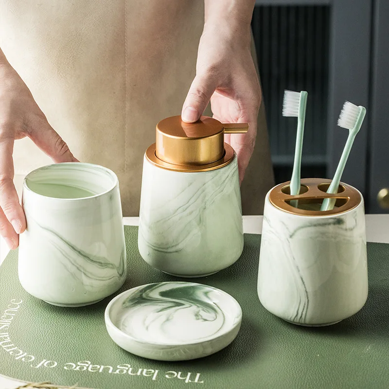 Creative Gradient Green Marbled Ceramic Lotion Bottle Toothbrush Holder Soap Dish Set Bathroom Accessories Soap Dispenser Bottle