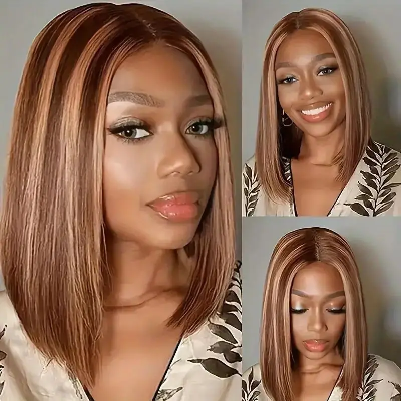 

Highlight P4/27 Bob Wig Human Hair Straight 4x4 Lace Front Wigs Hair Short Bob Wigs For Women Ombre Brown Honey Blonde