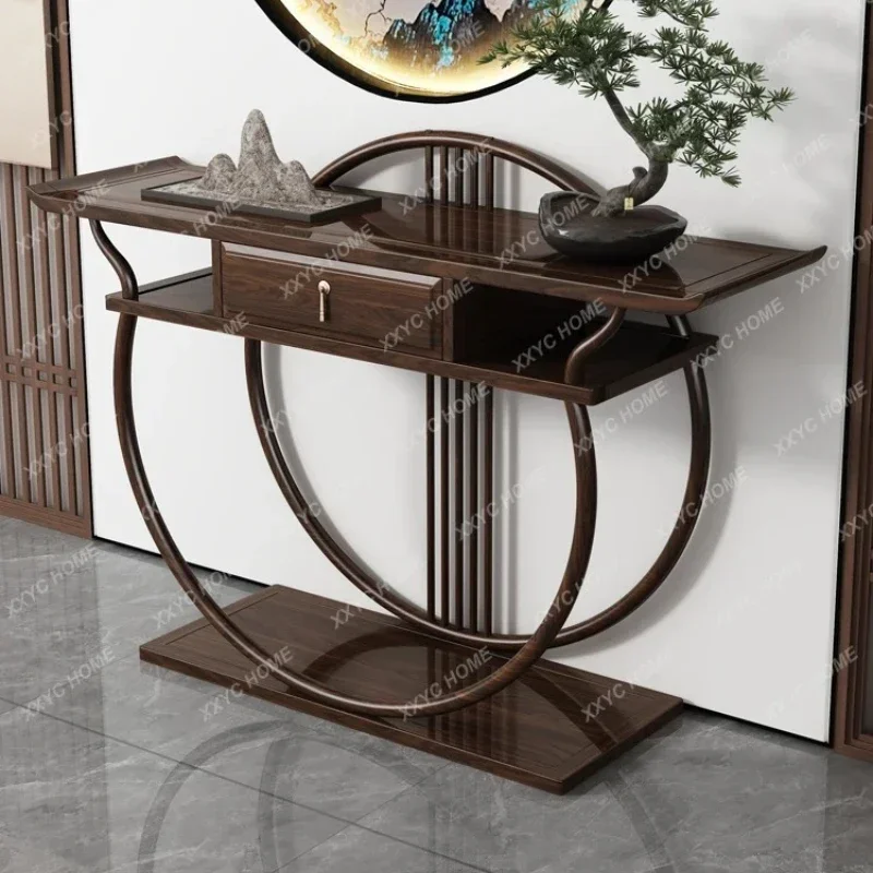 A Light luxury ebony wood entry against the wall, living room case table, solid wood entrance cabinet