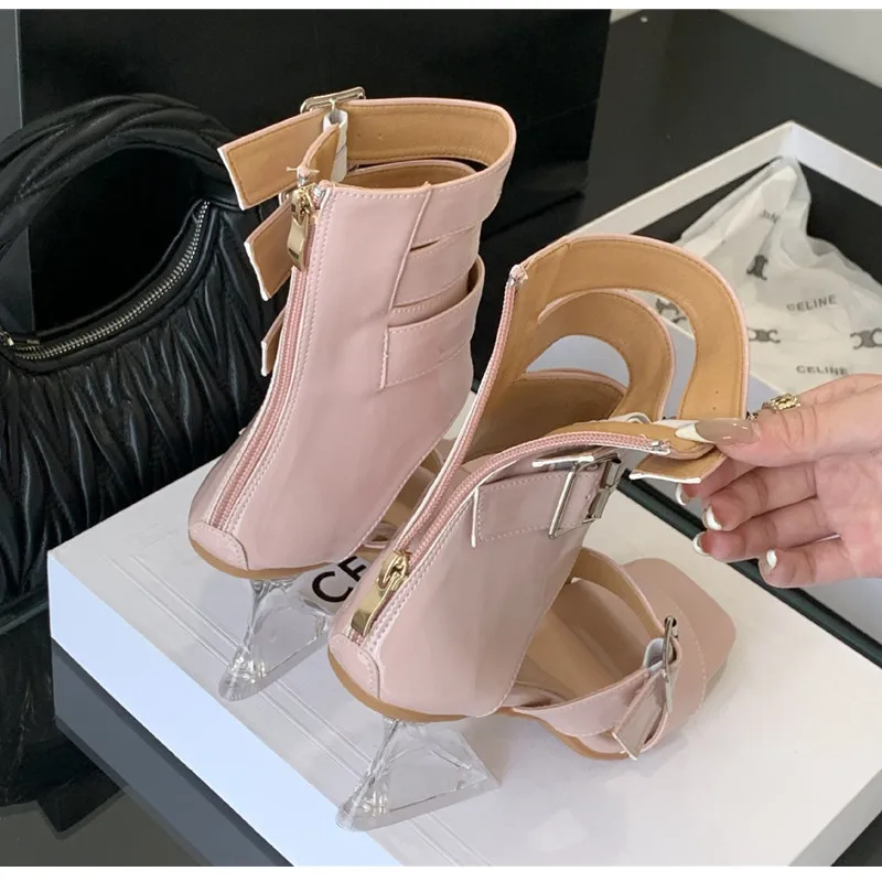 

Women's Shoes Fashion Patent Leather Strap Buckle High Heel Sandals Women Transparent Crystal High Heels Square Toe Summer Boots