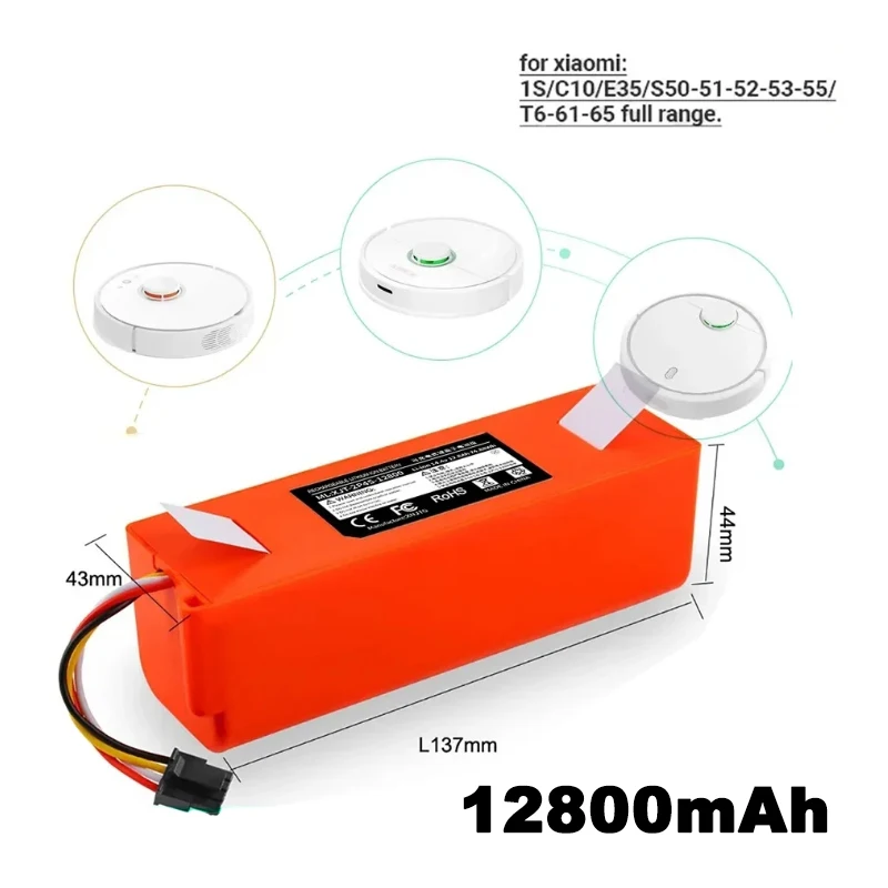 อะไหล่แบตเตอรี่สำรองสำหรับเครื่องดูดฝุ่นหุ่นยนต์12800mAh 14.4V ของแท้สำหรับ Xiaomi roborock S55 S60 S65 S50 S51 S5ชิ้นส่วน S6ได้สูงสุด