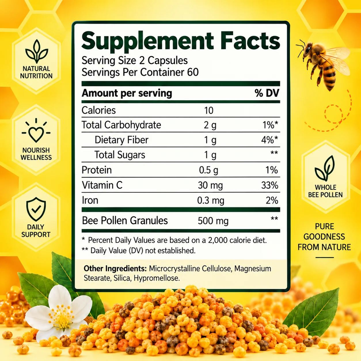 Bee Pollen Capsules - Supports Daily Vitality, Immune Function & Antioxidant Defenses with Vitamin C for Everyday Wellness