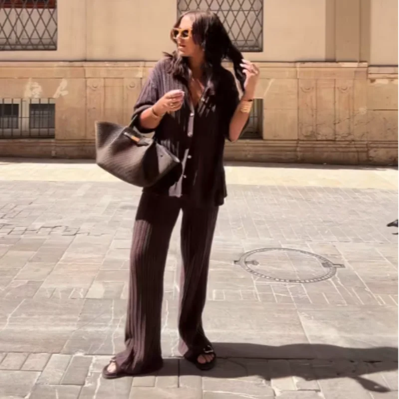 

Brown Knit Pants Sets Women Hollow Out Lapel Half Sleeve Cardigan Wide Leg Trousers Suit 2025 Summer Lady Beach 2 Pieces Outfits