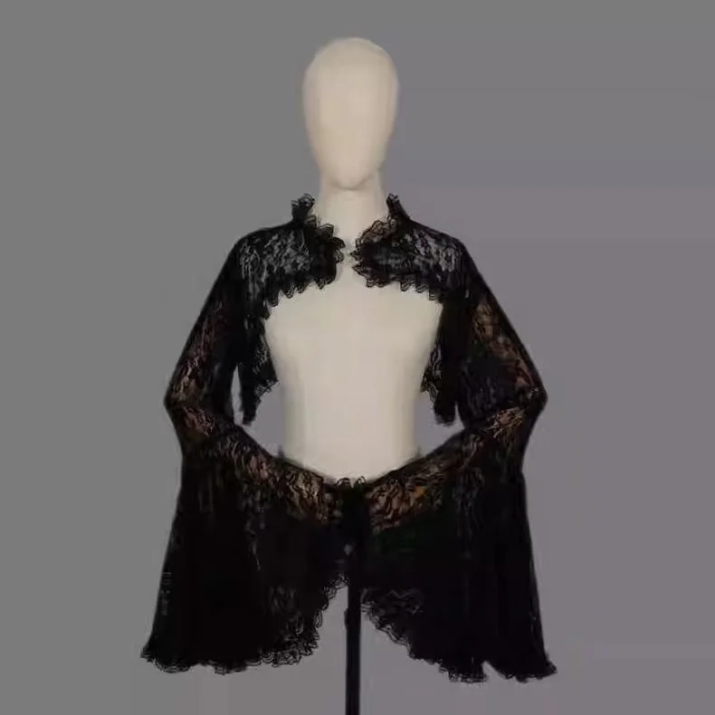 

France Style Black Lace Flared Sleeved Shawl Women's Sexy Cheongsam Match Long Sleeves Halloween Lolita Match Mesh Coat Smock