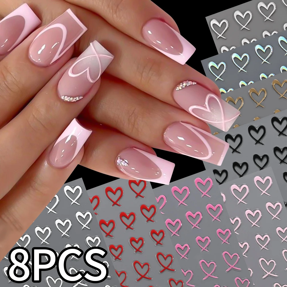 

8 шт./лот, наклейки для ногтей ко Дню святого Валентина, красные, розовые, белые, черные, с сердечками и линиями, самоклеящиеся, для самостоятельного маникюра