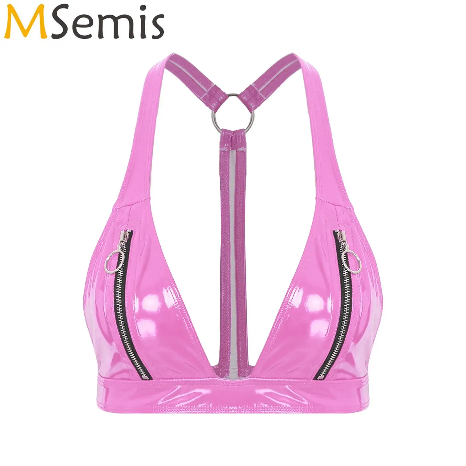 

Womens Lingerie Push Up Bra Top Low-Cut Wet Look Patent Leather Crop Tank Top Zipper No-pad Cup O-ring Y-back Bralette Clubwear