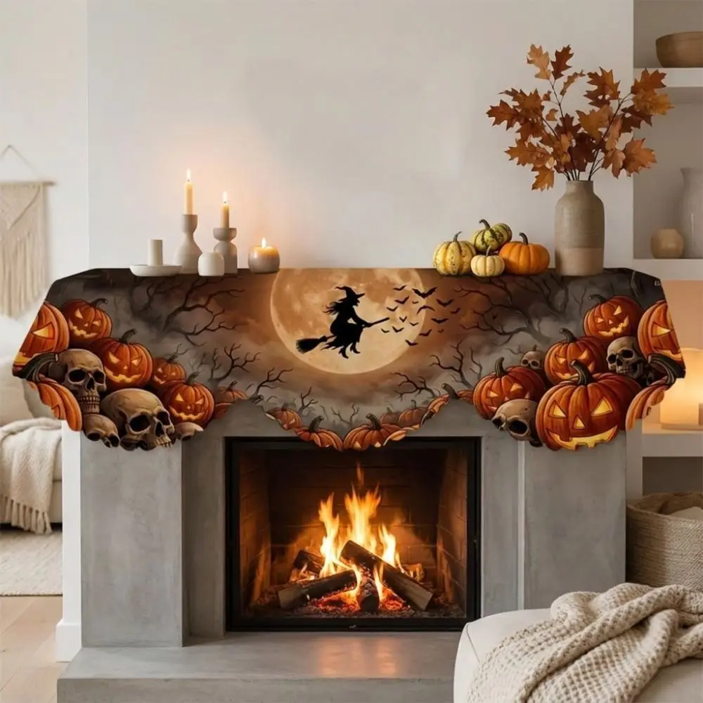 Scalloped Edge Halloween Mantel Scarf Haunted House Autumn Pattern Fireplace Shelf Cover Cute Ghost Country-Style