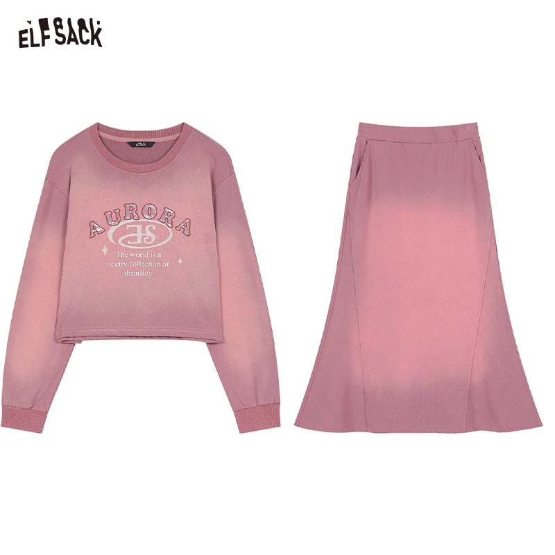 2024 Autumn ELFSACK New Arrivals Gray pink wasteland style retro casual sports sweater skirt two-piece suit for women