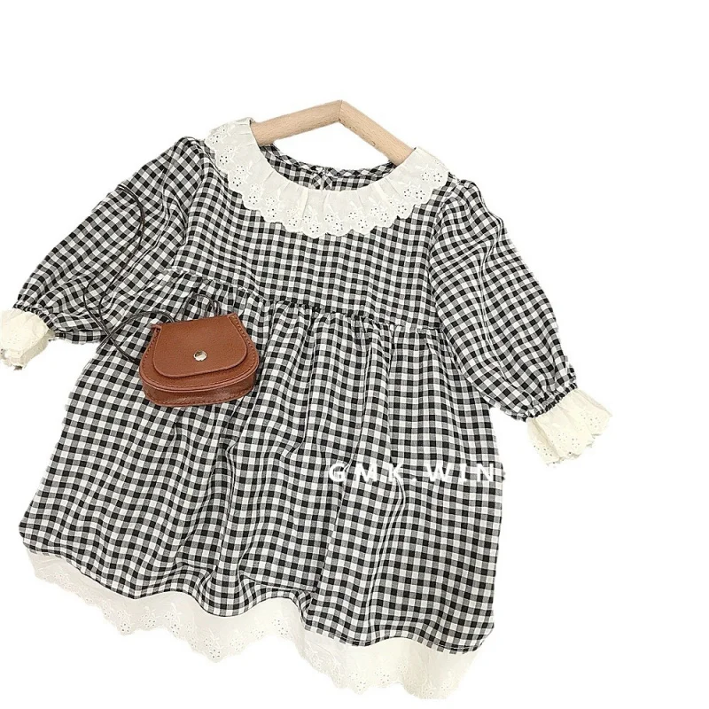 Girls' Plaid Dress South Korea Series Retro Patchwork Shirt Dress Girl's Contrast Color Casual Cotton Princess Dress