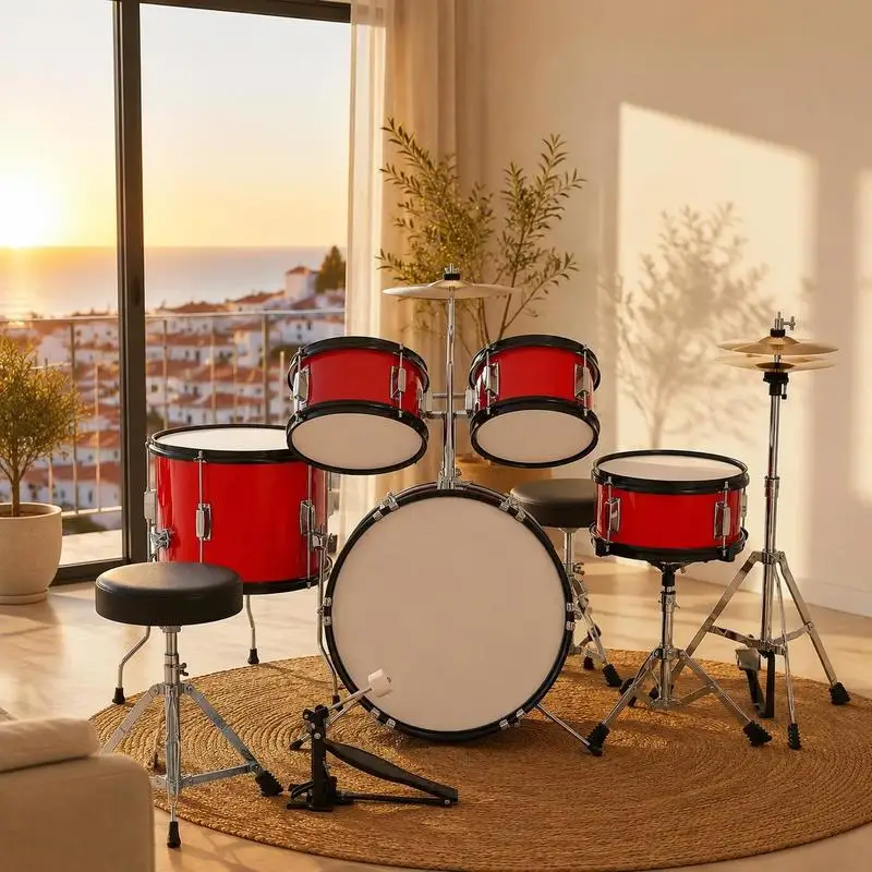 Batterie de percussions 5 pièces pour débutants, comprenant un grosse caisse, un petit tambour, des tom-toms, un floor tom, un cymbale crash, un charleston avec support, ensemble d'instruments de musique pour l'apprentissage, pour enfants de 6 à 13 ans (rouge)