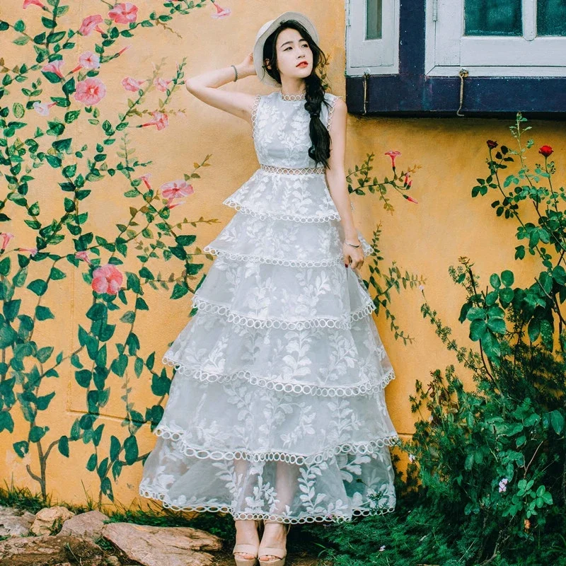 Women's Long Dress Lace Embroidery Cutout White Party Dress Long Cake Dress White Princess Birthday Party Holiday JJ620