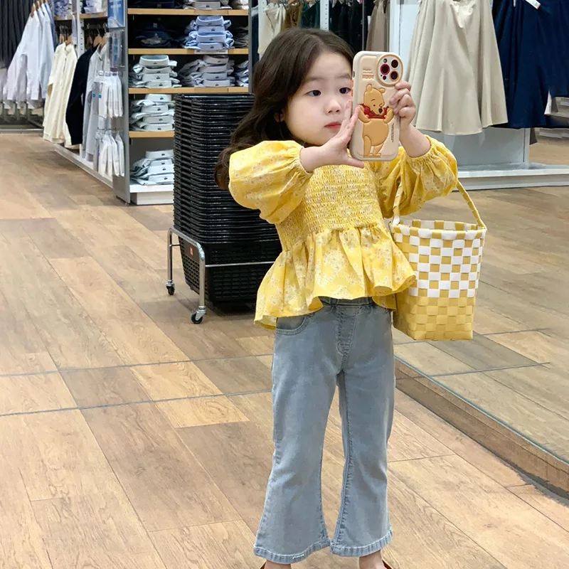 Autumn New Girls' Clothing Sets Gils Elastic Long Sleeved Top+denim Flared Pants Suits Floral Cute Children's Set