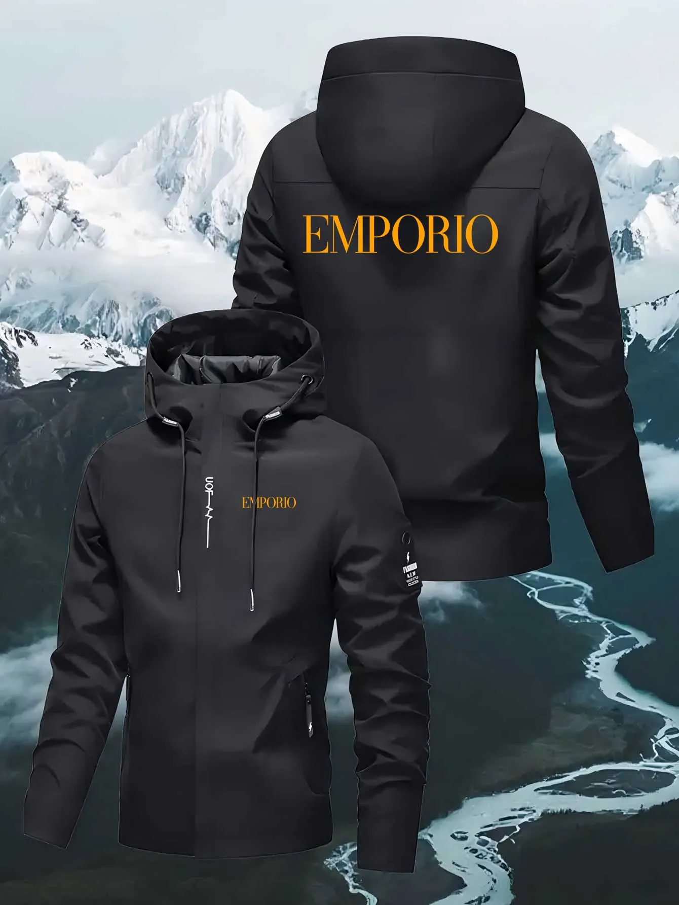 Chaqueta casual con capucha para hombre con estampado Emporio - Abrigo con cremallera gris claro Forro de poliéster Bolsillos delanteros Ropa de abrigo informal |
