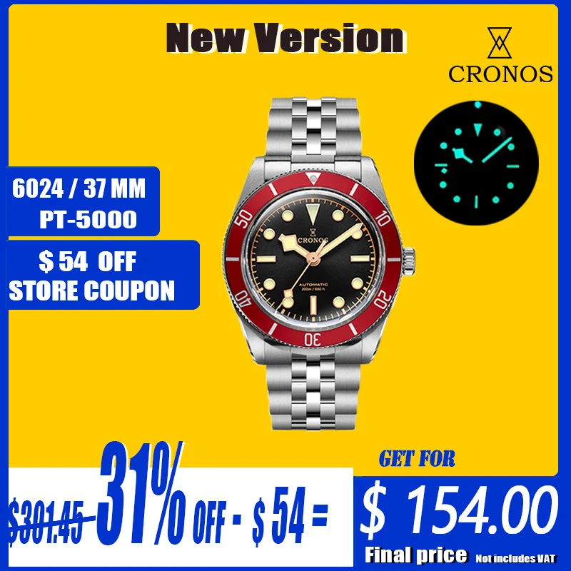 

Cronos Luxury Men's Watches 37mm Diver BB54 Vintage Automatic Matt/ Aluminum Bezel Female End 5 Links Bracelet 20 Bar L6024