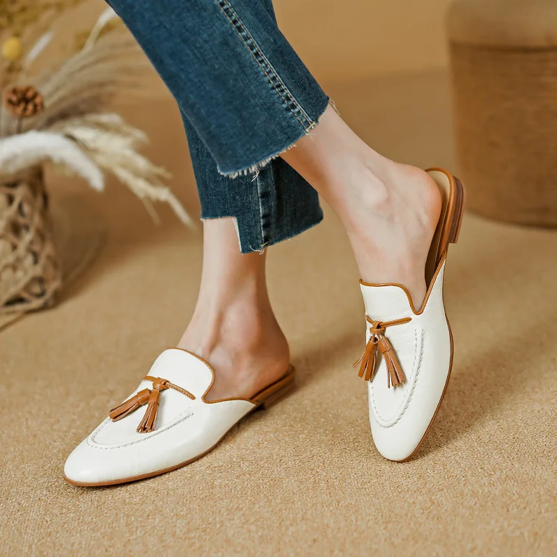 2023 New Women Sandals Genuine Leather Mules Slippers Square Toe Low Heels Sweet Fashion Tassel Shoes Woman Casual Office Shoes