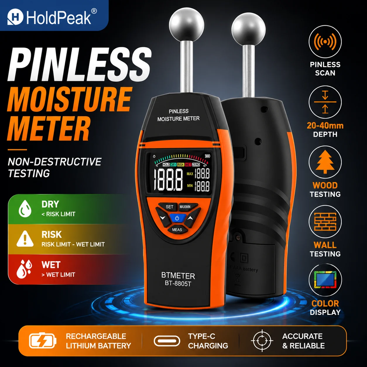 

HoldPeak-8805T Non-Contact Wood Moisture Meter Pinless Timber Damp Wall Humidity Tester for Inspection Water Leak Detection