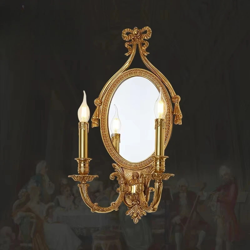 French Brass Hotel Aisle Sconces Wall Mounted Bathroom LED Mirror with Lights Fancy Stair Sconces for Home Decoration
