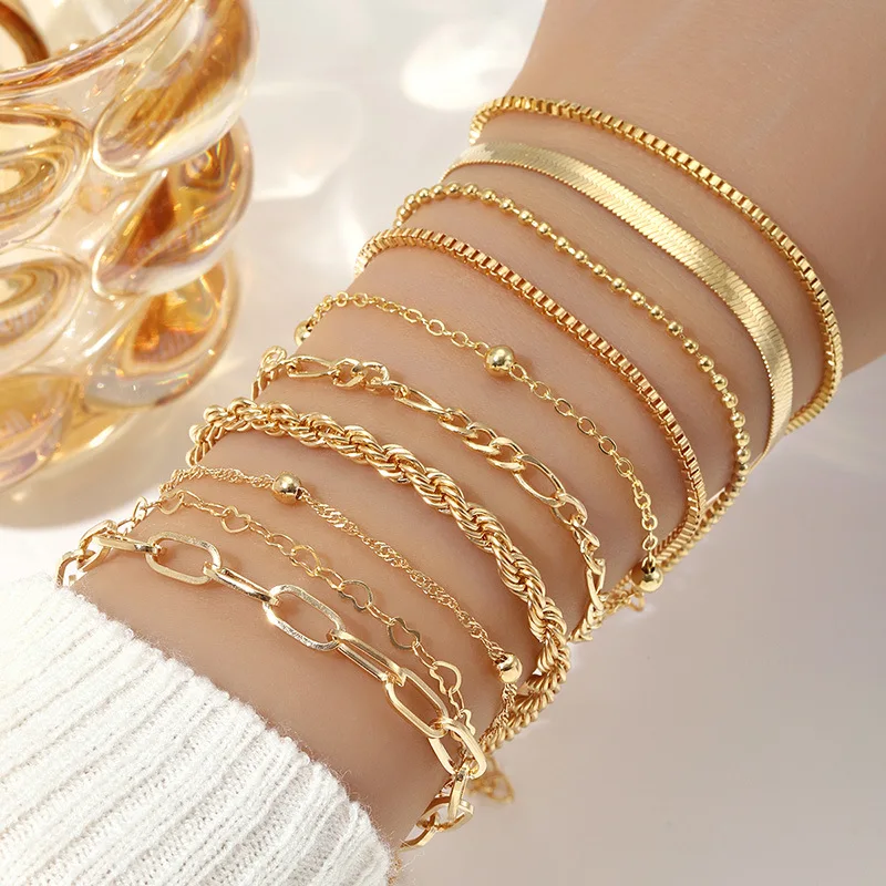 10 Pcs Vintage Statement Gold Color Flat Snake Chain Box Chain Bracelet Boho Multi-layer Metal Bracelet Women's Summer Jewelry