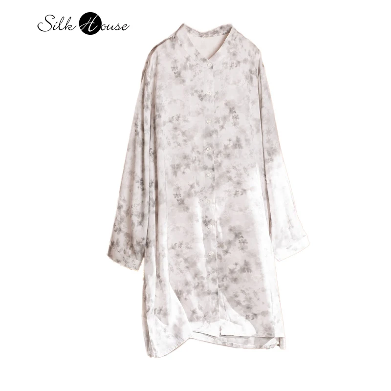 

Elegant Dyeing 92% Natural Mulberry Silk Elastic Double Qiao Satin Elongated Loose Comfortable Skin Friendly Long Sleeved Shirt