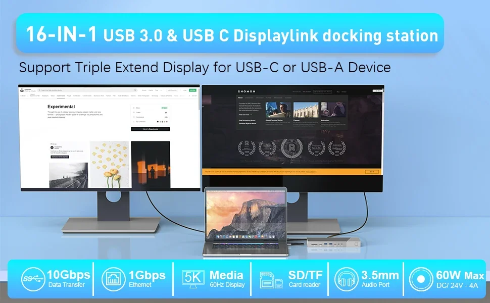 Stacja dokująca Displaylink 16 w 1, koncentrator USB C, wiele portów, dostosuj stację dokującą, adapter USB C na podwójny Hdmi