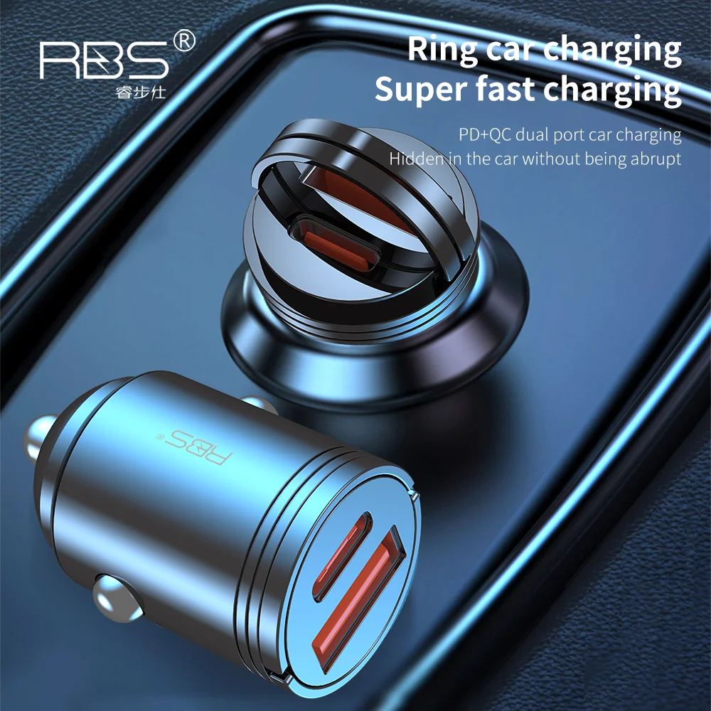 Mini kirsite Invisible Pull Ring Car Charger USB Type C Fast Charging QC3.0 PD Phone Charger for iPhone Xiaomi Samsung