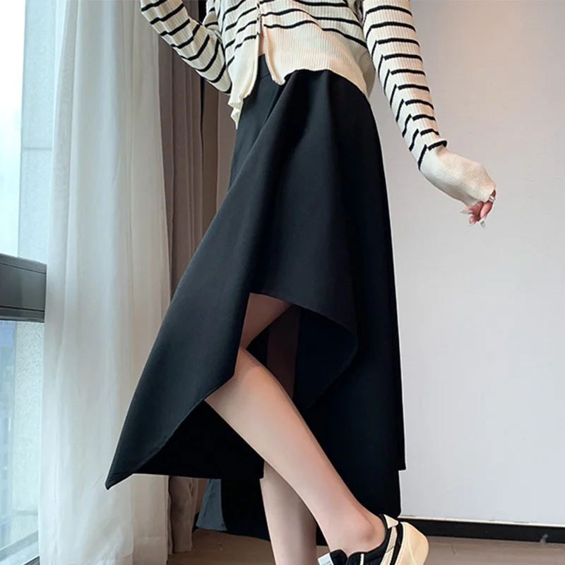 Moda Gonne irregolari nere Donna Autunno Inverno Coreano Gonne larghe a vita alta per donna Gonna a metà polpaccio con cerniera femminile