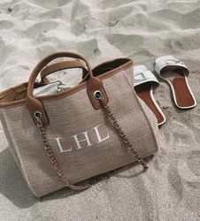 Custom Monogram Canvas Tote Bag Initial Bag Handbag Beach Bag Birthday Gift Bag with Chain Tote Bag Summer Holiday Bag