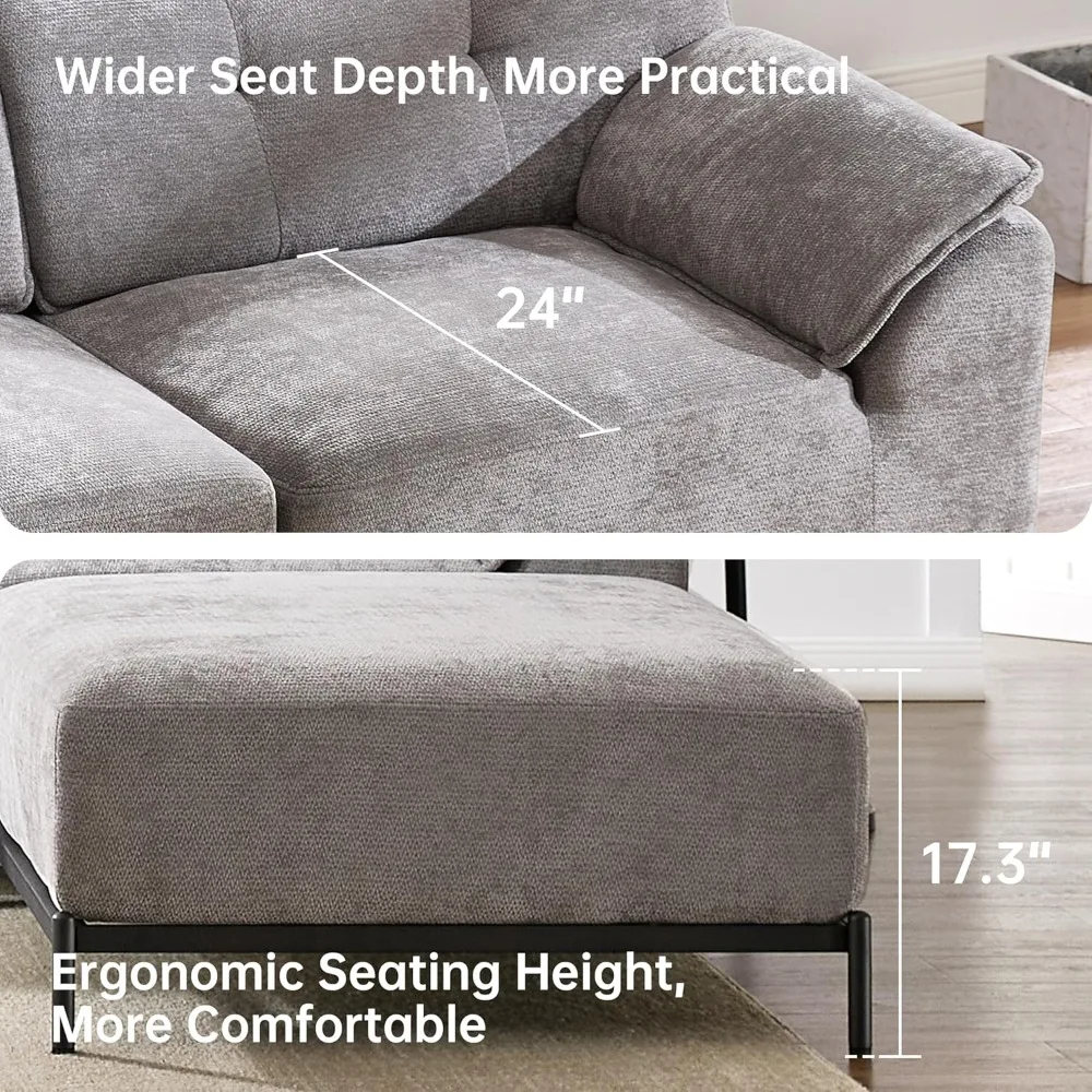 أرائك لغرفة المعيشة مقاس 106 بوصة، أريكة مقطعية مع مساند للذراع واسعة وإطار من الحديد الصلب، أريكة مضغوطة لغرفة المعيشة