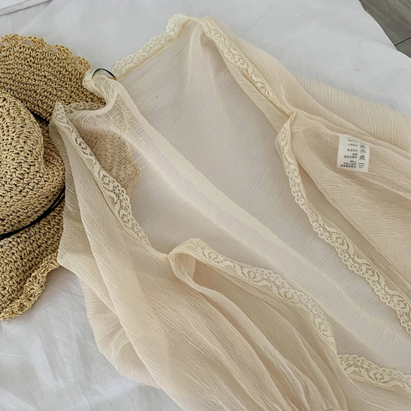 Bolero de encaje blanco y Beige para mujer, chal de manga larga, capa de protección para boda, vestido de verano, chaqueta elegante